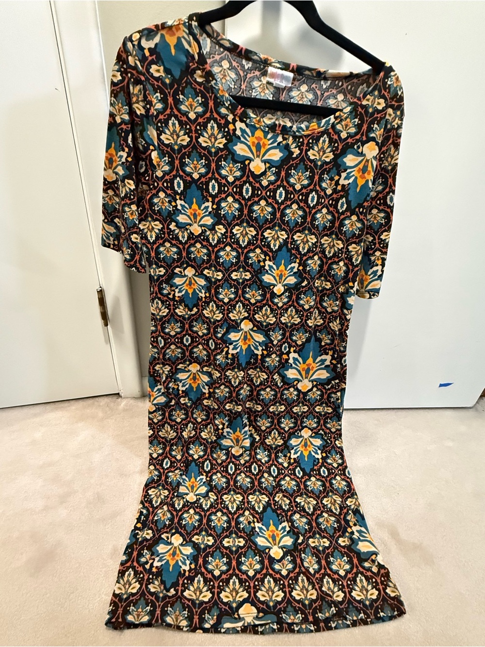 LuLaRoe Midi Dress in Teal, Mustard, Black Floral Medallion